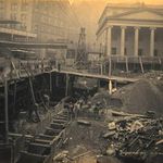 "Subway Construction: Park Row and City Hall Park, from street level. Church with Ionic columns at right. November 1902."